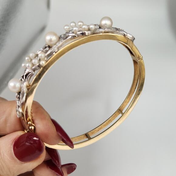 Vintage 14k Two Tone Gold Diamond Pearls Bangle Bracelet - Picture 7 of 14